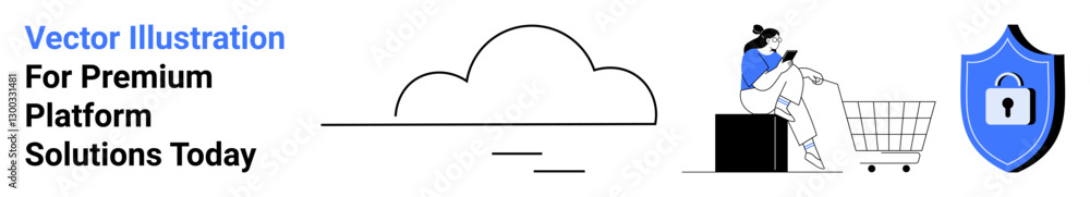 Cloud icon, person shopping on a phone next to a cart, shield with a lock. Ideal for e-commerce, cybersecurity, cloud storage, mobile apps, payment gateways, digital marketing flat landing page Cloud icon, person shopping on a phone next to a cart, shield with a lock. Ideal for e-commerce, cybersecurity, cloud storage, mobile apps, payment gateways, digital marketing flat landing page