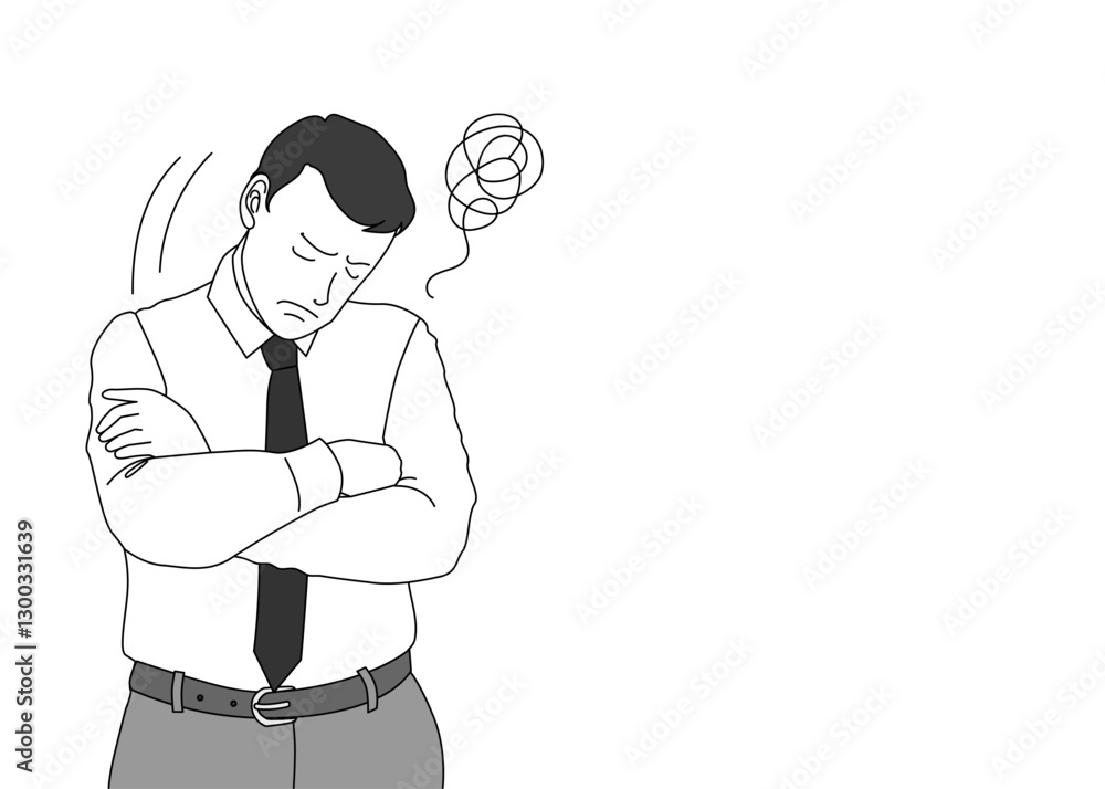 腕組みしながら肩を落として悩むビジネスマン男性のイラスト 上半身正面