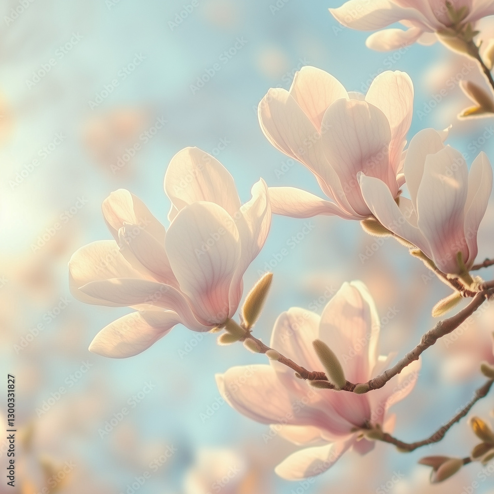 Obraz premium A breathtaking close-up of magnolia blossoms in full bloom, bathed in soft spring light. Part of a serene floral photography series capturing nature’s delicate beauty in pastel tones.