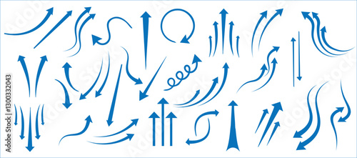 Collection of flowing arrows, wind airflow elements, cold air arrow,  and dynamic motion effects in a vector illustration