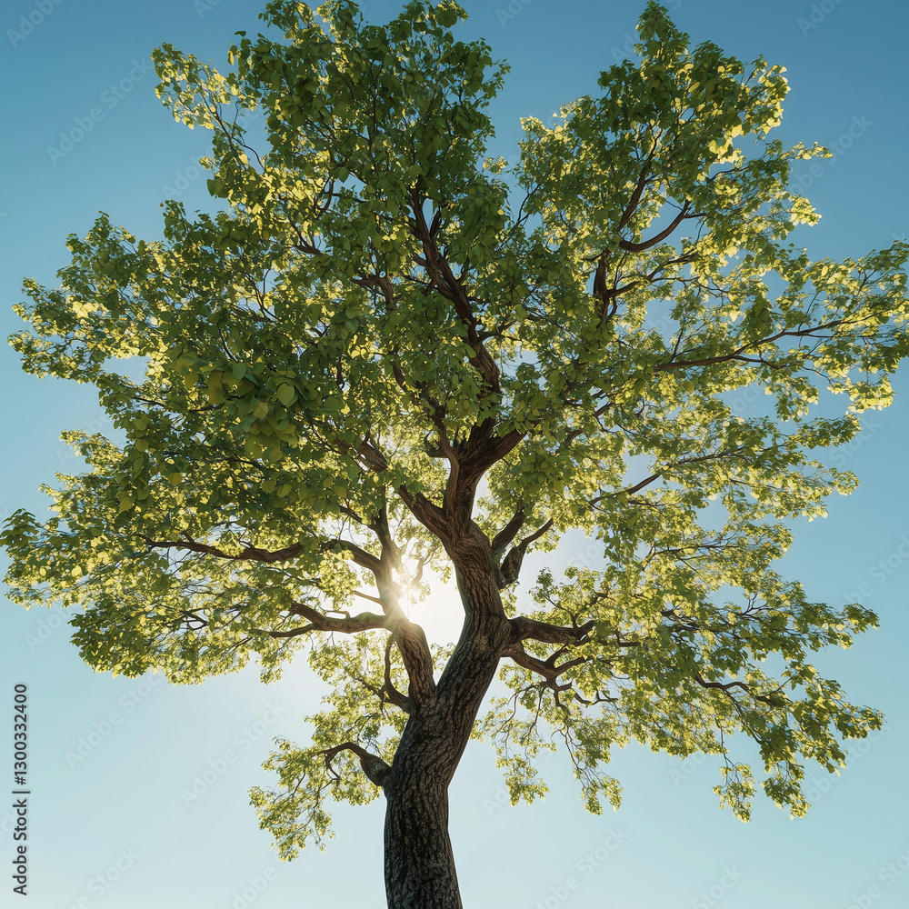 Obraz premium Spring oak tree series: A majestic oak tree with lush green leaves against a bright blue sky. Sunlight filters through the branches, creating a vibrant natural atmosphere. Part of a themed collection.