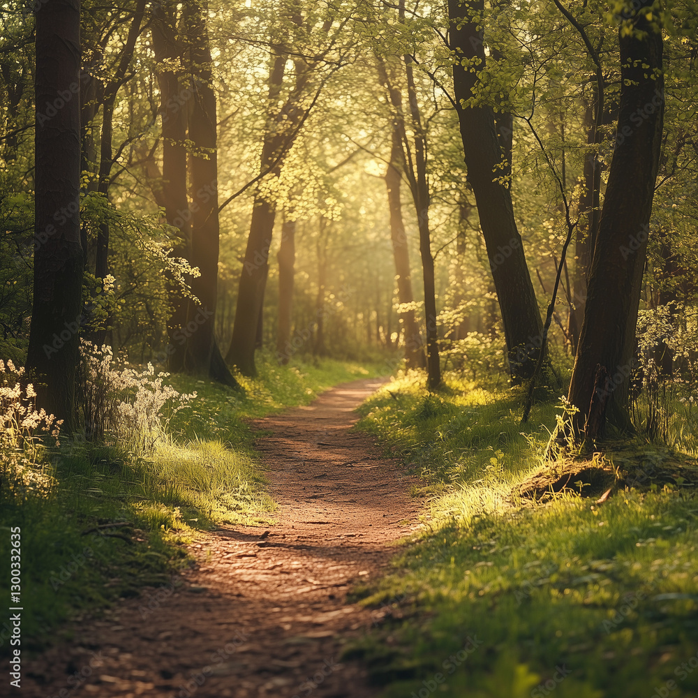 Obraz premium A peaceful forest path bathed in golden morning light. Sunbeams filter through the trees, creating a serene and mystical atmosphere—perfect for nature lovers, meditation, and scenic landscapes.