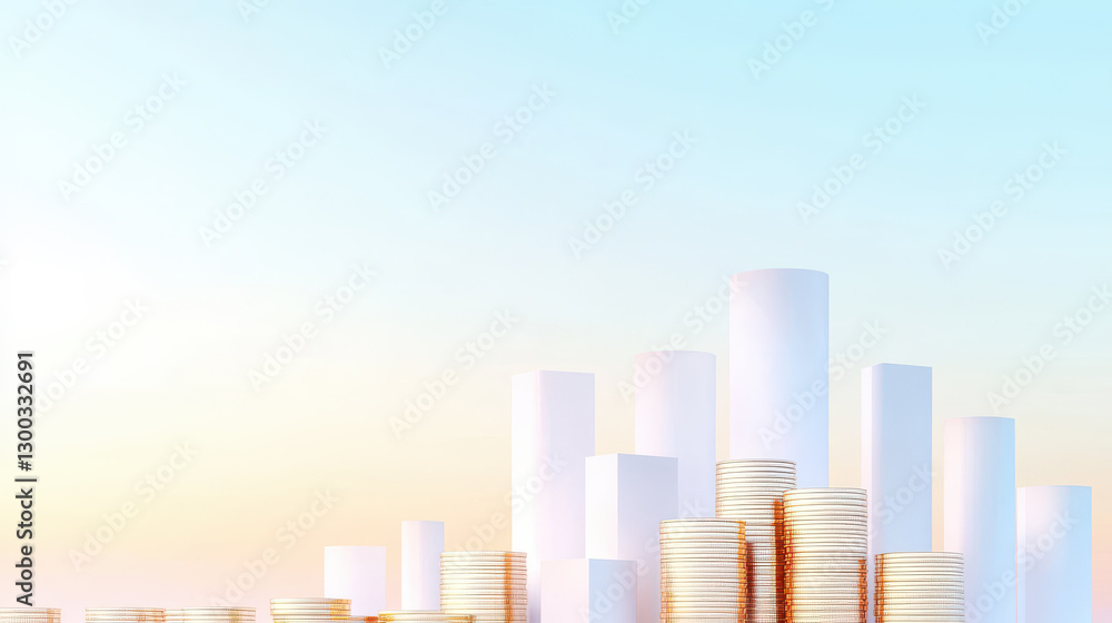 Stacks of Coins and Pillars Against a Pastel Sky Stacks of Coins and Pillars Against a Pastel Sky