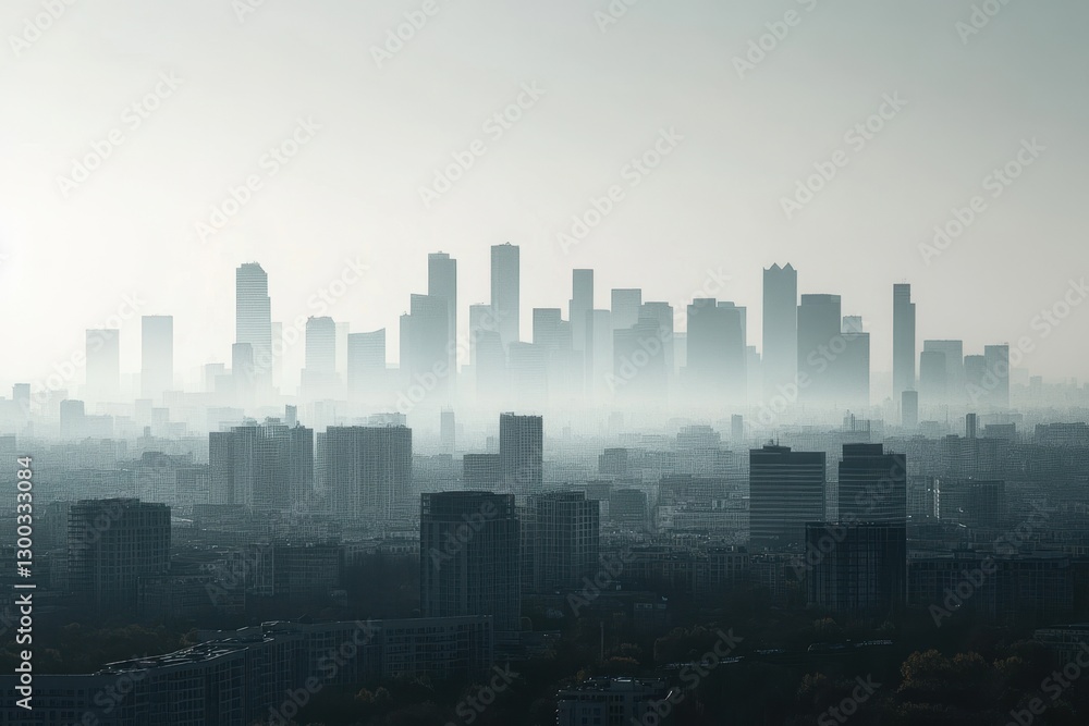 Silhouetted skyline of a city enveloped in morning fog over urban landscape Silhouetted skyline of a city enveloped in morning fog over urban landscape