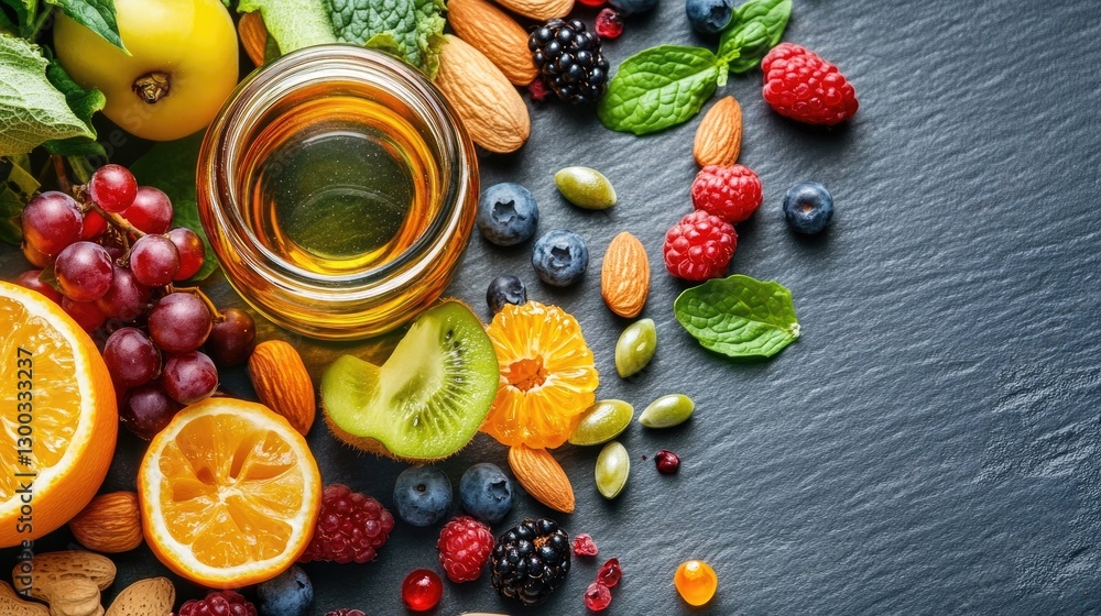 Vibrant Assortment of Fresh Fruits, Nuts, and Honey, Delicious and Healthy Blend of Nature's Goodness Vibrant Assortment of Fresh Fruits, Nuts, and Honey, Delicious and Healthy Blend of Nature's Goodness