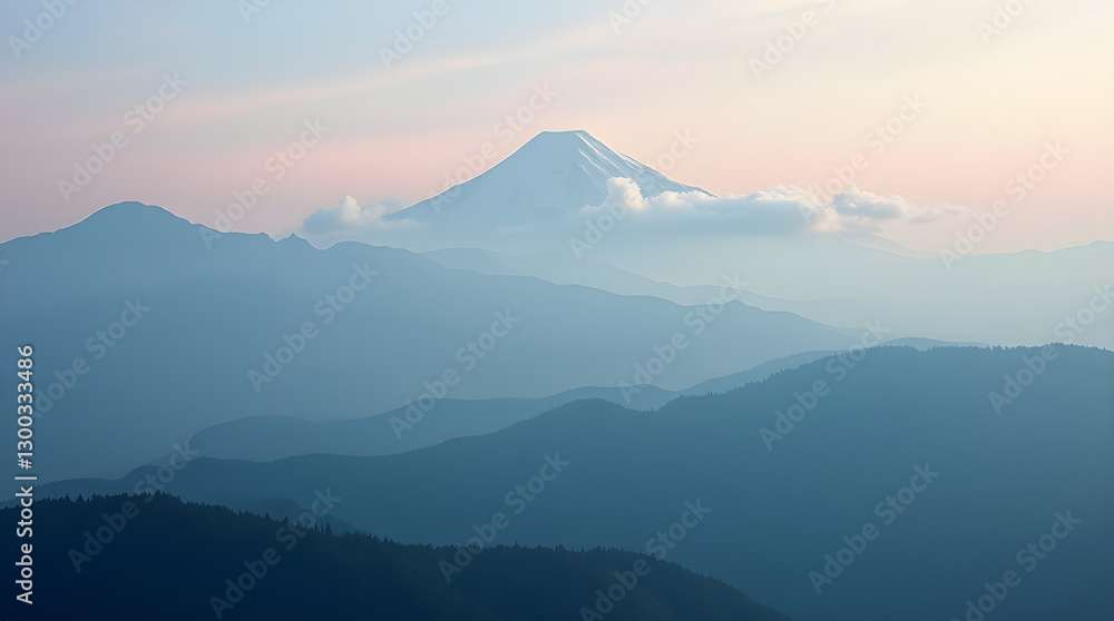 Fototapeta premium Serene Hazy Blue Mountain Range with Mount Fuji - Scenic Japanese Sunrise