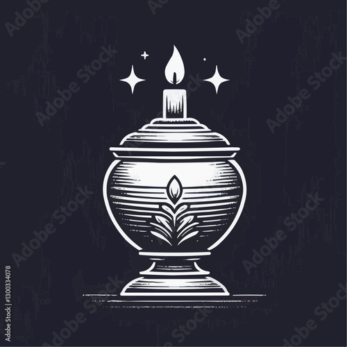 Illuminated cremation urn with candle, elegant design, glowing memorial on dark background
