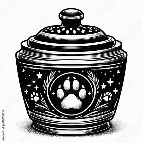 Pet cremation urn with paw print design, memorial container, black and white art symbolizing love
