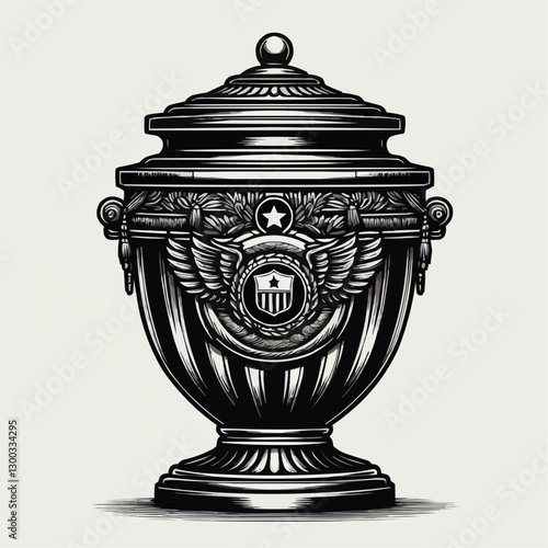 Military cremation urn with emblem and wings design, patriotic memorial container, black and white
