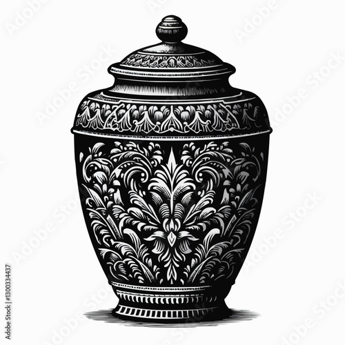 Ornate floral cremation urn with elaborate design, elegant memorial container, black and white artwork