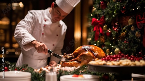 A Chef Carving a Roasted Turkey for Christmas Dinner