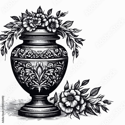 Floral decorative cremation urn with intricate design, memorial container, black and white artwork