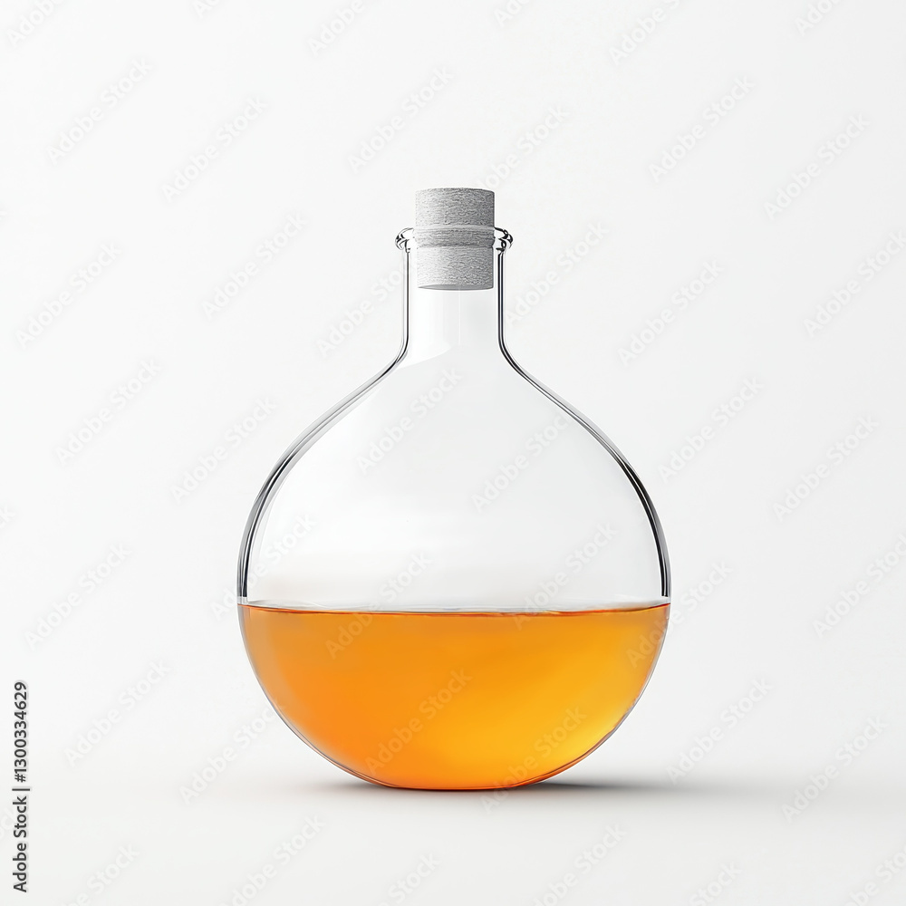 A round glass flask filled with amber liquid, featuring a cork stopper, showcasing a minimalist design against a plain background. A round glass flask filled with amber liquid, featuring a cork stopper, showcasing a minimalist design against a plain background.