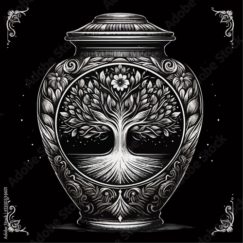 Decorative cremation urn with tree of life design, elegant memorial container, black and white art
