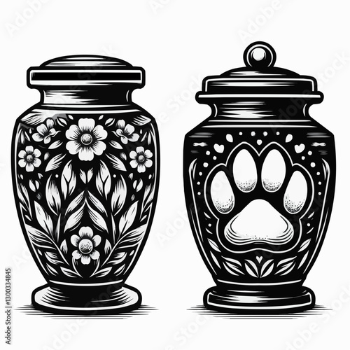 Pet cremation urns with floral and paw print designs, memorial containers, black and white art