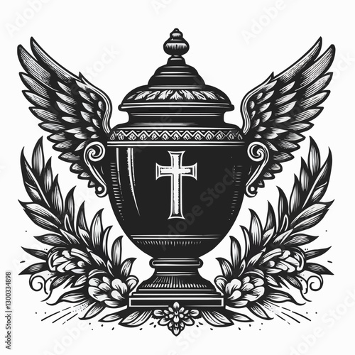 Cremation urn with wings and cross design, spiritual memorial container, black and white art