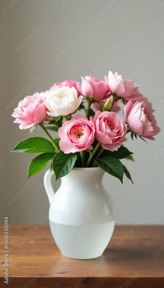 A frosted white vase filled with pink and white flowers on a wooden table, pink and white flowers, white ceramic vase, frosted white vase