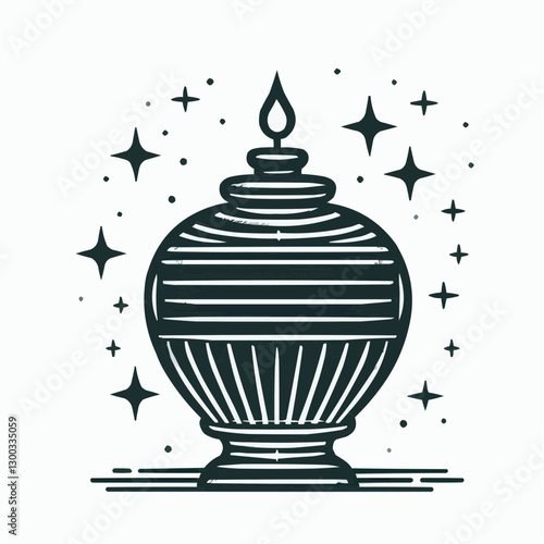 Elegant cremation urn with striped design and star accents, artistic memorial container, black and white
