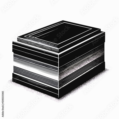 Sleek black and white illustration of a modern urn with layered patterns and a rectangular design
