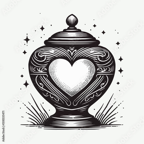 Decorative urn illustration with heart shape and ornate detailing in black and white