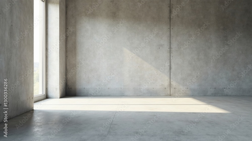 Sunlit Empty Room with Concrete Walls and Floor, Ideal for Modern Design Presentations Sunlit Empty Room with Concrete Walls and Floor, Ideal for Modern Design Presentations