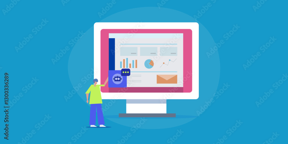 Virtual AI chatbot providing business data and financial report to company person on dashboard screen, helping to understand campaign performance. Virtual AI chatbot providing business data and financial report to company person on dashboard screen, helping to understand campaign performance.
