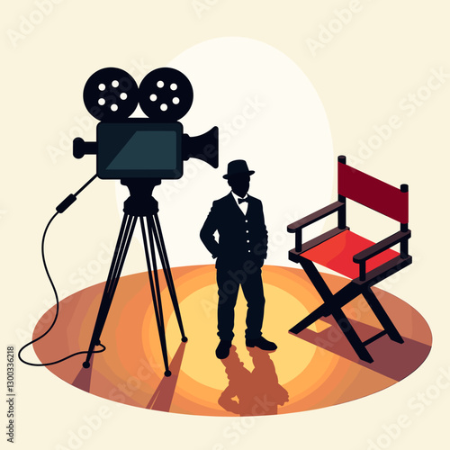 Stylized silhouette of a filmmaker with a vintage camera and director's chair