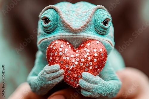 Chameleon - my preferred animal. Ad campaign animal creative. Cute chameleon baby with sparkling rhinestones red heart on in a natural habitat. Heart-filled wildlife image. Love and wildlife. photo