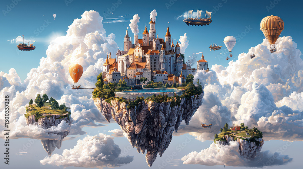Obraz premium majestic fantasy castle floats among clouds, surrounded by airships and hot air balloons, creating whimsical and enchanting scene