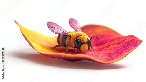 Fuzzy bee pollinating vibrant petal, white background