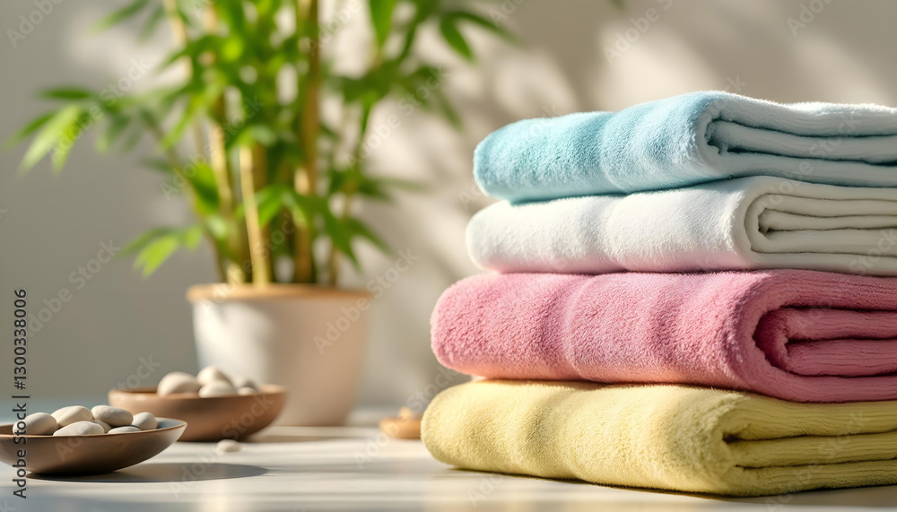 Soft pastel towels stacked neatly near bamboo plant Soft pastel towels stacked neatly near bamboo plant