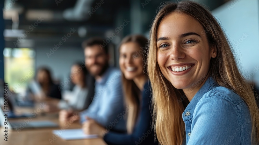 Obraz premium Smiling Businesswoman with Team in Background