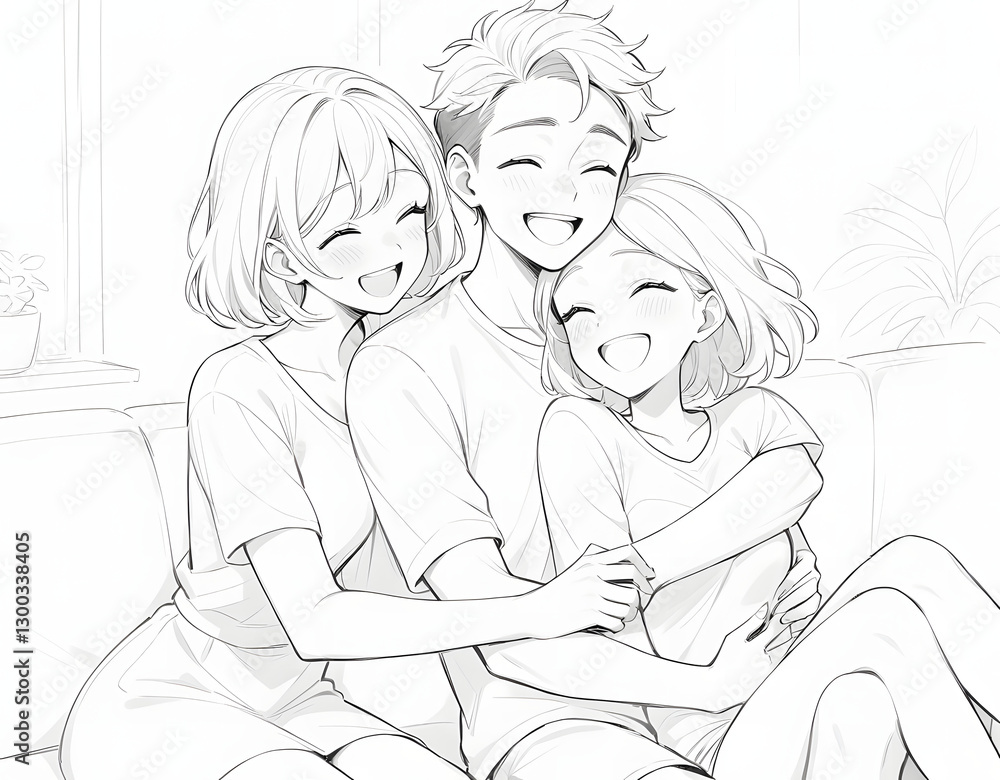 happy young husband and wife relaxing on new comfortable pale grey sofa, spending home funny leisure time together, anime carton happy young husband and wife relaxing on new comfortable pale grey sofa, spending home funny leisure time together, anime carton