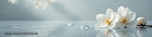 Subtle white blooms, glistening water, grey studio setting, grey background, white