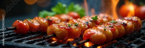 Succulent grilled shashliks sizzling on hot grate, color, flame photo