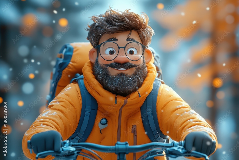 Fototapeta premium Cheerful man cycling through a snowy forest in winter with bright orange jacket and backpack