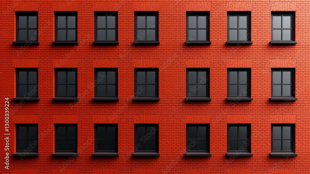 Fototapeta premium Rows of Dark Windows on a Red Brick Building Wall Facade Urban Architecture and Housing Style