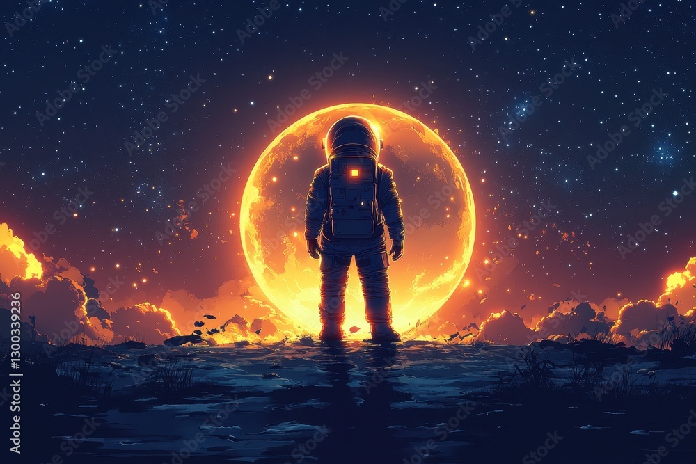 Obraz premium Astronaut gazing at a glowing full moon in a starry night sky
