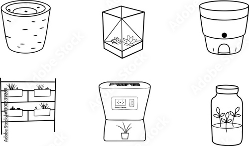 Various plant pots and gardening containers in simple line art.