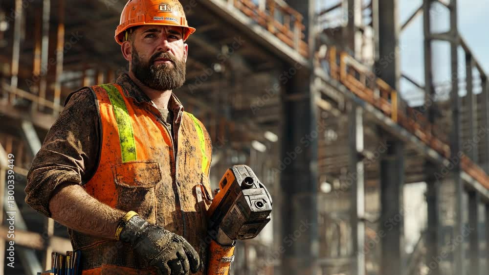 A bearded construction worker in a hard hat and safety vest holding a power tool at an industrial site