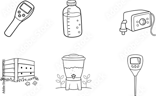 Illustration of various lab equipment and containers.