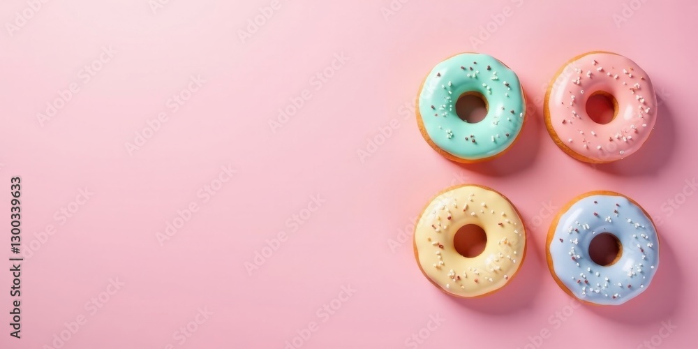 Pastel-colored donuts arranged on a pink background, a delightful sweet treat, perfect for a celebratory occasion or a simple moment of indulgence. Pastel-colored donuts arranged on a pink background, a delightful sweet treat, perfect for a celebratory occasion or a simple moment of indulgence.