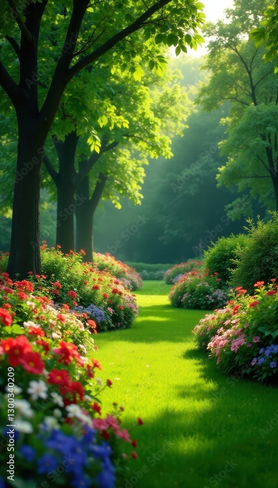 Obraz premium Lush green garden, vibrant flowerbeds, mature trees , peaceful, grass, sunlight