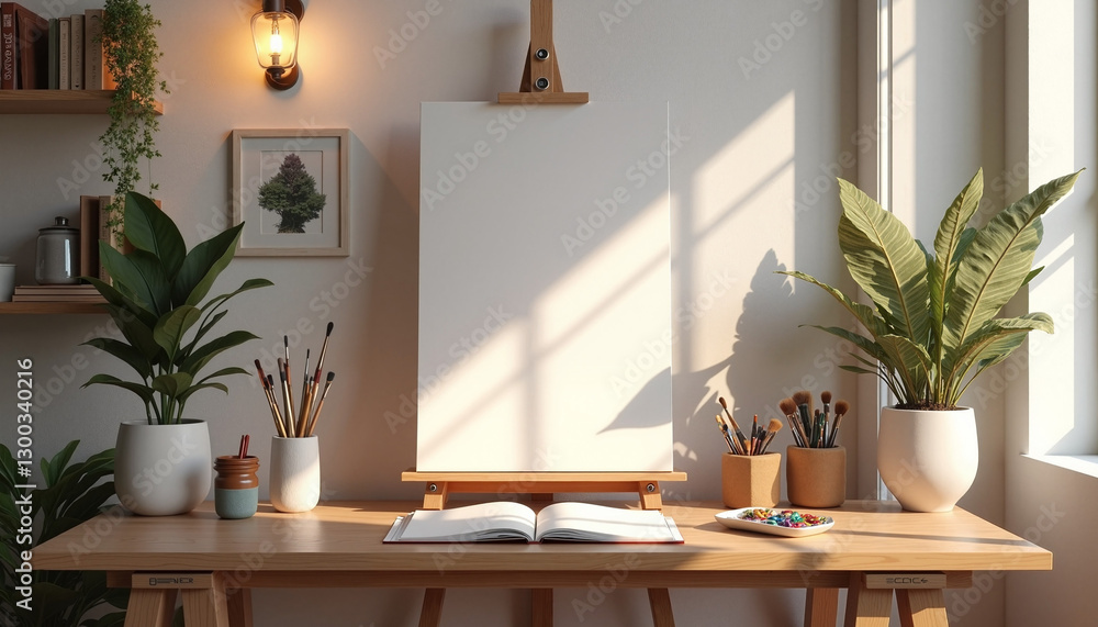 Art studio setup with easel and brushes on a sunlit table Art studio setup with easel and brushes on a sunlit table