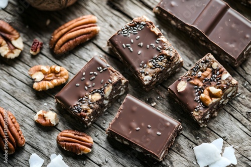 Homemade organic chocolate bars with oats and nuts, a close-up of healthy snacks