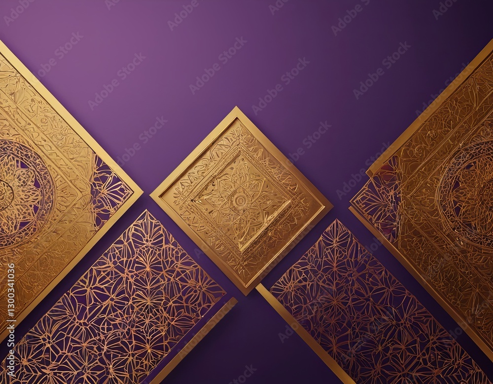 Fototapeta premium Intricate golden decorative panels against a rich purple background, showcasing artistic craftsmanship.