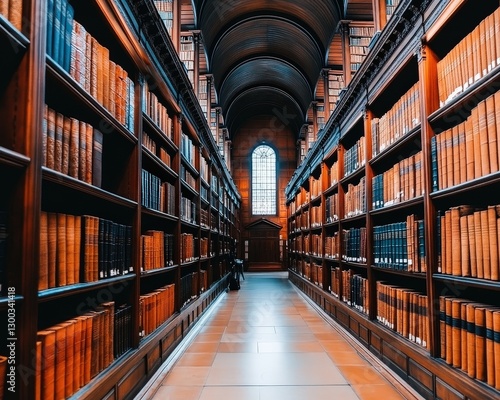 Wallpaper Mural Grand Library Interior with Wooden Shelves and Tall Arched Ceilings in Warm Lighting Torontodigital.ca