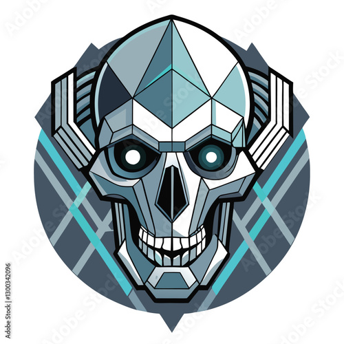 Generate a detailed image of a cybernetic skull, intricately adorned with glowing geometric patterns and calibrated circuitry.  Emphasis on high detail and realistic textures.