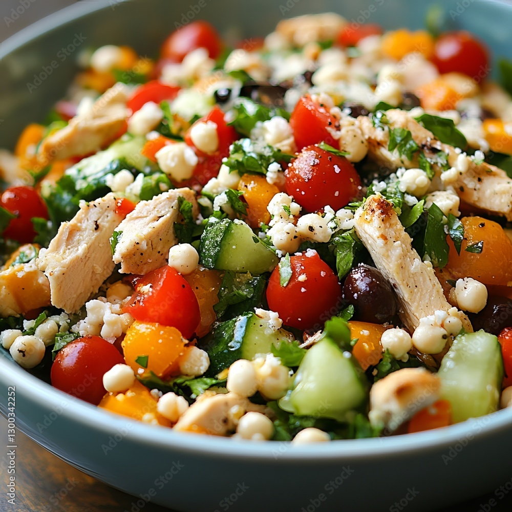 Salad Symphony: A vibrant and appetizing salad composed of crisp cucumber, juicy tomatoes, tender chicken, and a medley of fresh ingredients