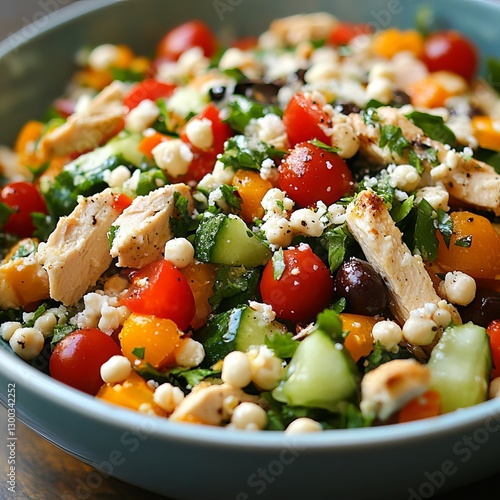 Obraz na płótnie Salad Symphony: A vibrant and appetizing salad composed of crisp cucumber, juicy tomatoes, tender chicken, and a medley of fresh ingredients w salonie